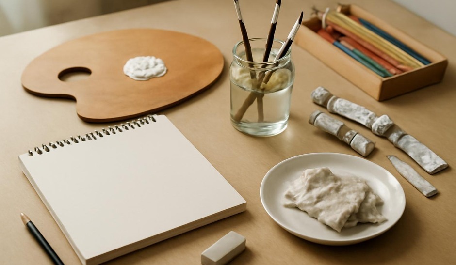 Well-organized artist materials on a table