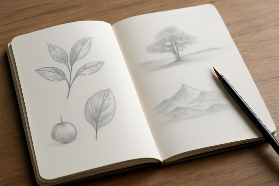 Open sketchbook with pencil studies