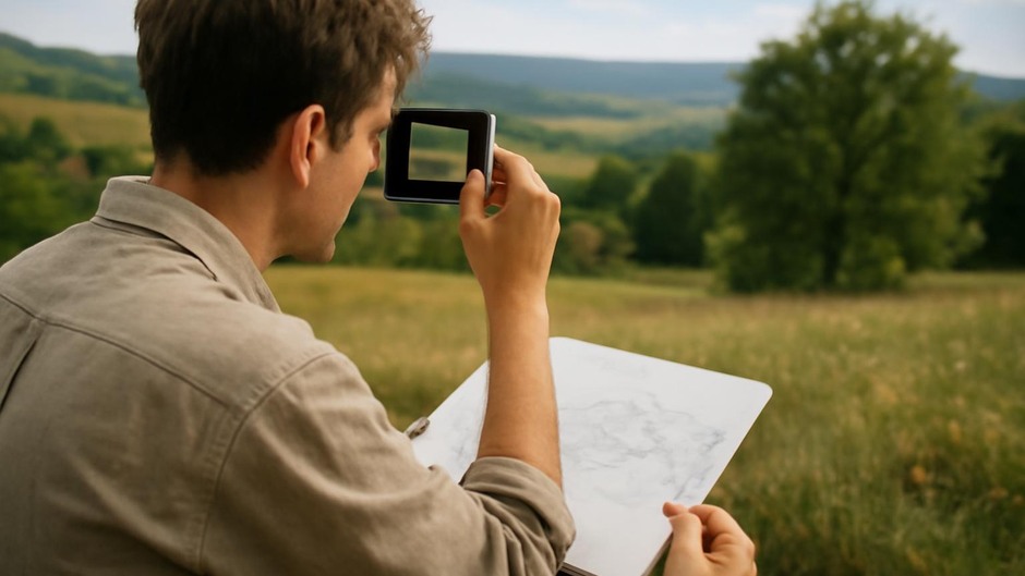 Artist drawing from life with a viewfinder