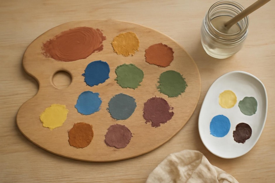 Palette with mixed paint swatches