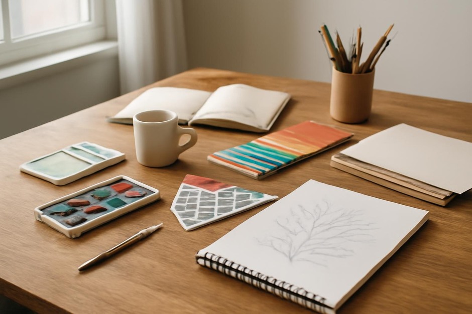 Abstract art desk with color swatches, brush marks, and sketchbook studies.