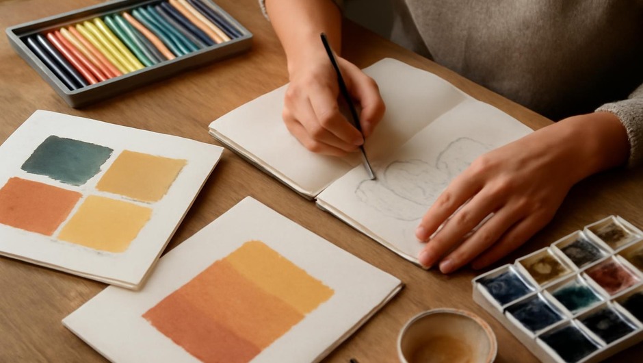 Bright studio image with paint textures, paper layers, and geometric color blocks.